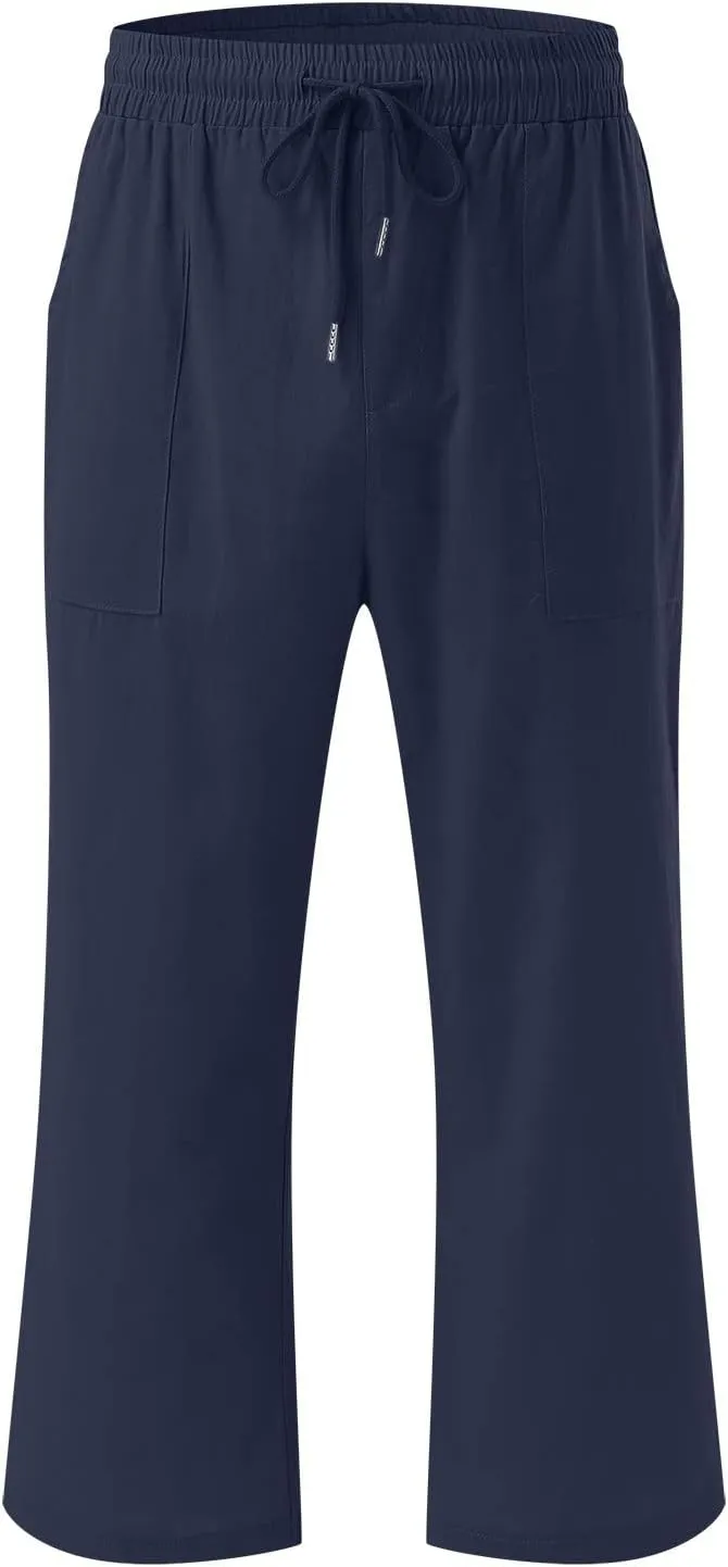 Capris Pants for Women Casual Summer Linen Lounge Drawstring Elastic Straight Wide Leg Cropped Trousers