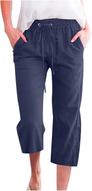 Capris Pants for Women Casual Summer Linen Lounge Drawstring Elastic Straight Wide Leg Cropped Trousers