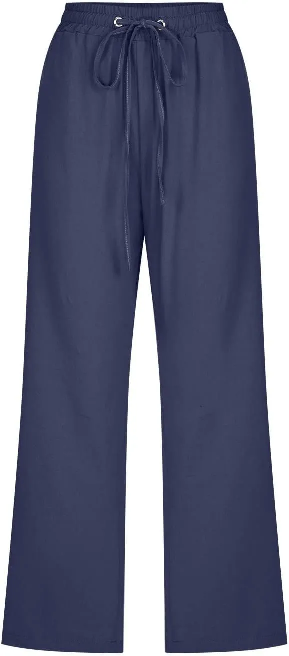 Capris Pants for Women Casual Summer Linen Lounge Drawstring Elastic Straight Wide Leg Cropped Trousers
