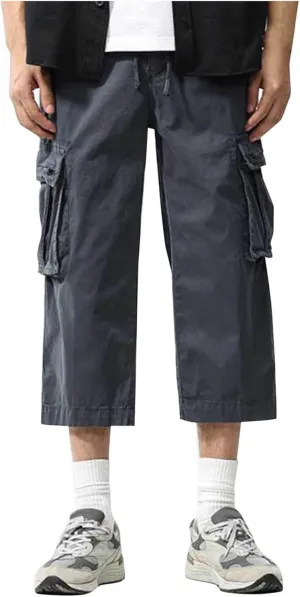 Cargo Shorts for Men Casual Elastic Waist Multiple Pockets Cropped Pants Stretch Lightweight Comfy Work Shorts