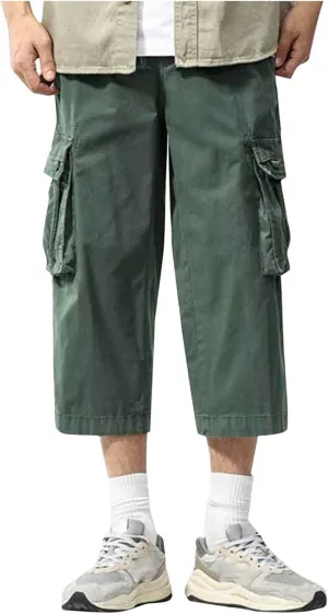 Cargo Shorts for Men Casual Elastic Waist Multiple Pockets Cropped Pants Stretch Lightweight Comfy Work Shorts