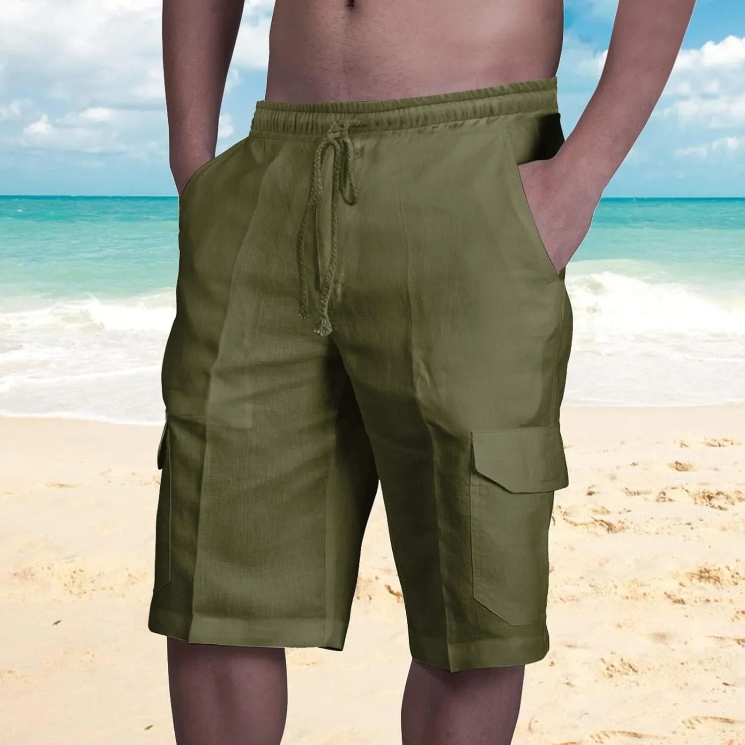 Cargo Shorts for Mens Drawstring Elastic Shorts Stretch Waist Loose Beach Shorts 2024 Summer Casual with Multi Pockets