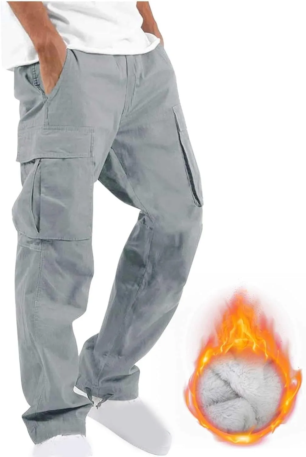 Cargo Sweatpants for Men Fleece Lined Cargos Casual Loose Fit Warm Winter Joggers Straight Leg Cargo Pants with Pocket