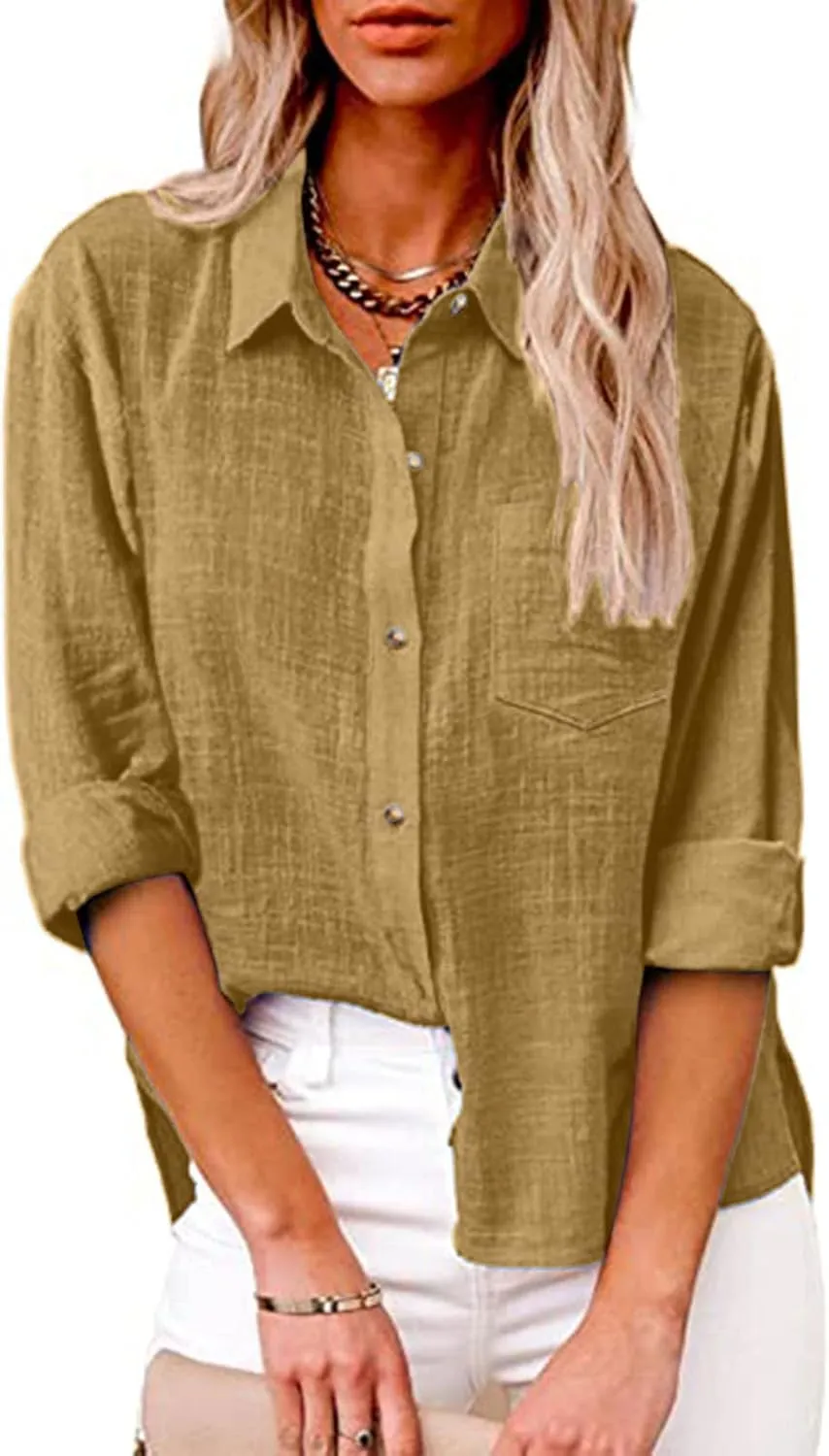 Ceboyel Women Long Sleeve Linen Shirts 2024 Button Down Summer Tops Cotton Gauze Trendy Blouse Dressy Causal Work Clothes