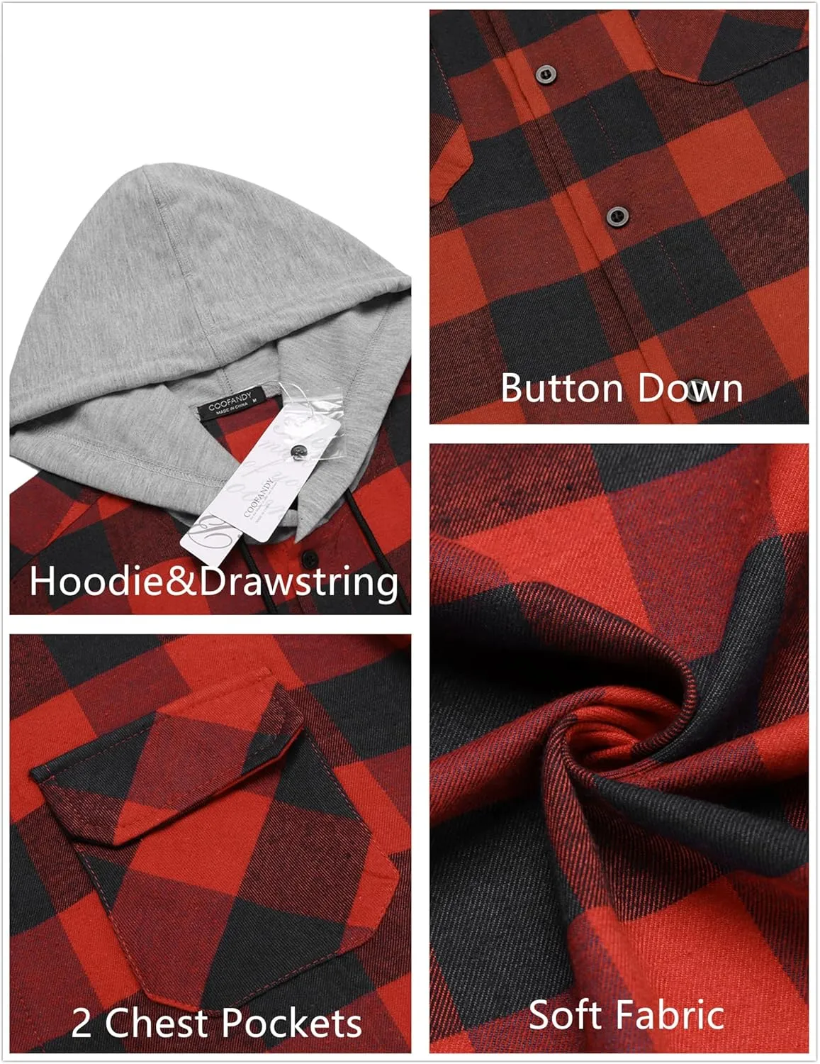 COOFANDY Men's Plaid Hoodie Flannel Shirt Jacket Long Sleeve Casual Fashion Button Shirts