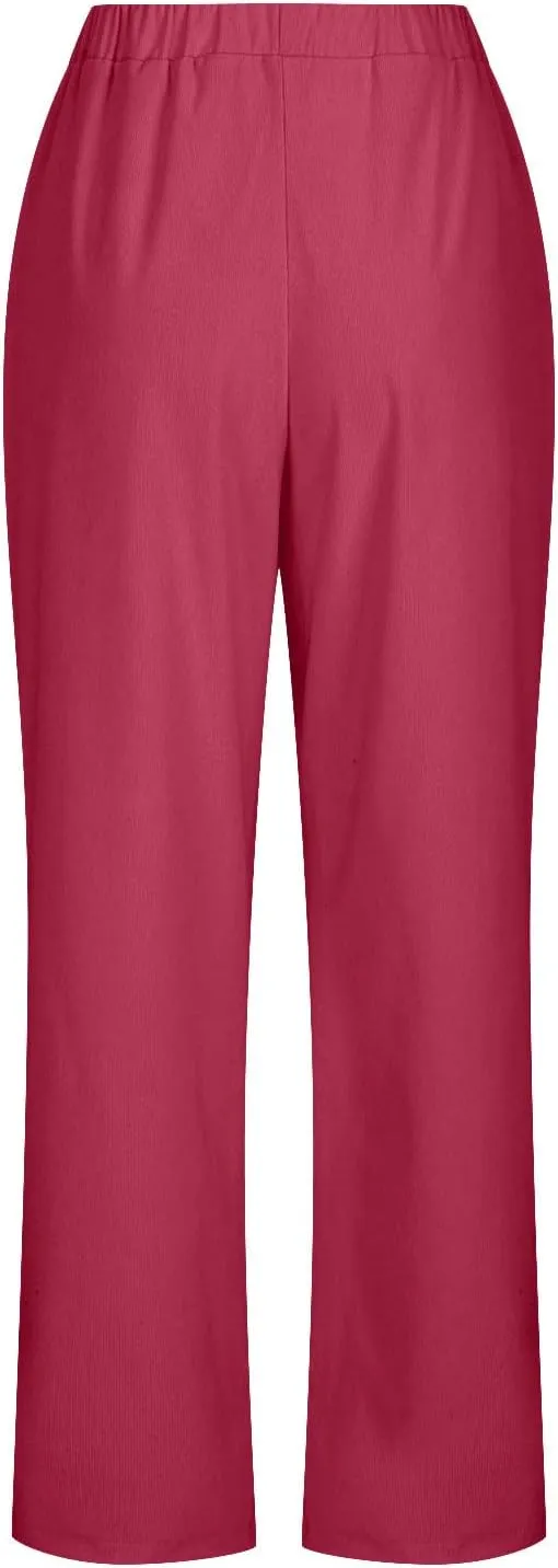 Corduroy Pants for Women Elastic High Waist Pull On Straight Leg Slacks Casual Spring Fall Trousers with Pockets