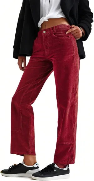 Corduroy Pants Women Brown Elastic Waist Straight Leg Pants Casual Loose Vintage Pants Comfy Trousers with Pockets