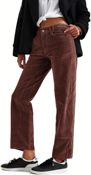 Corduroy Pants Women Brown Elastic Waist Straight Leg Pants Casual Loose Vintage Pants Comfy Trousers with Pockets