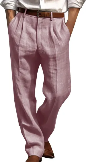 Cotton Linen Pants for Men Pleated Front Trouser Straight Leg Suit Trousers Solid Color Office Trouser Lightweight Linen Pant, X-Large, 1-pink