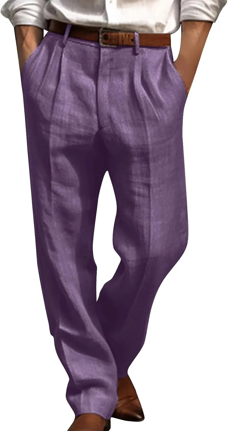 Cotton Linen Pants for Men Pleated Front Trouser Straight Leg Suit Trousers Solid Color Office Trouser Lightweight Linen Pant, X-Large, 1-purple