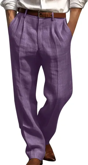Cotton Linen Pants for Men Pleated Front Trouser Straight Leg Suit Trousers Solid Color Office Trouser Lightweight Linen Pant, X-Large, 1-purple