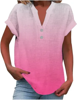 Cotton Linen Shirts for Women Gradient Tops Loose Fit Crewneck Button V Neck Daily Tshirts Summer Shirts Cute Blouse
