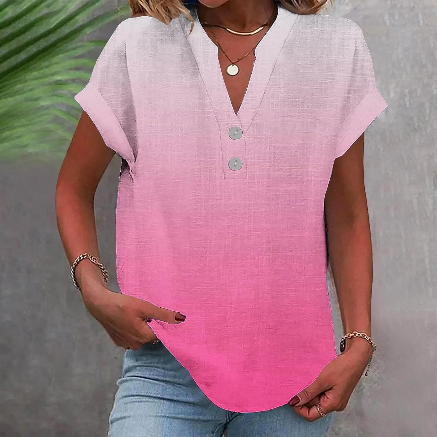 Cotton Linen Shirts for Women Gradient Tops Loose Fit Crewneck Button V Neck Daily Tshirts Summer Shirts Cute Blouse