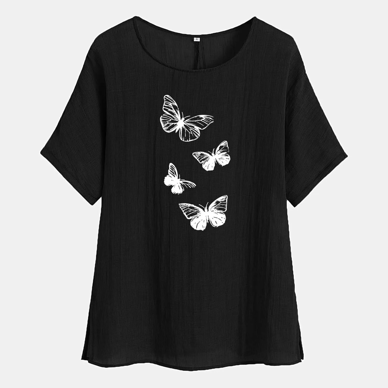 Cotton Linen Tops for Women Crewneck Short Sleeve Tshirt Butterfly Graphic Tee Oversized Casual Loose Fit Blouse