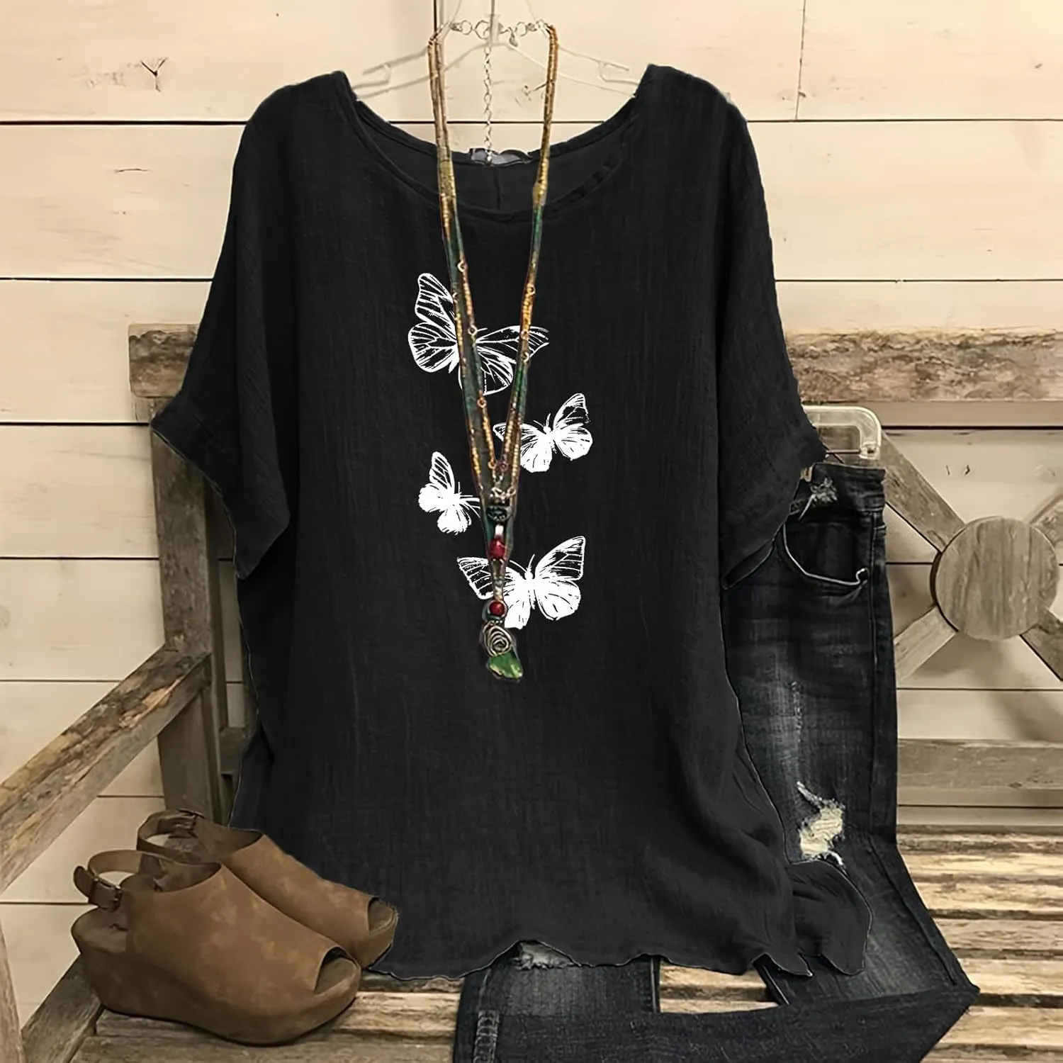 Cotton Linen Tops for Women Crewneck Short Sleeve Tshirt Butterfly Graphic Tee Oversized Casual Loose Fit Blouse