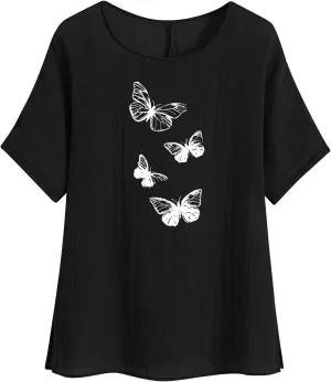 Cotton Linen Tops for Women Crewneck Short Sleeve Tshirt Butterfly Graphic Tee Oversized Casual Loose Fit Blouse