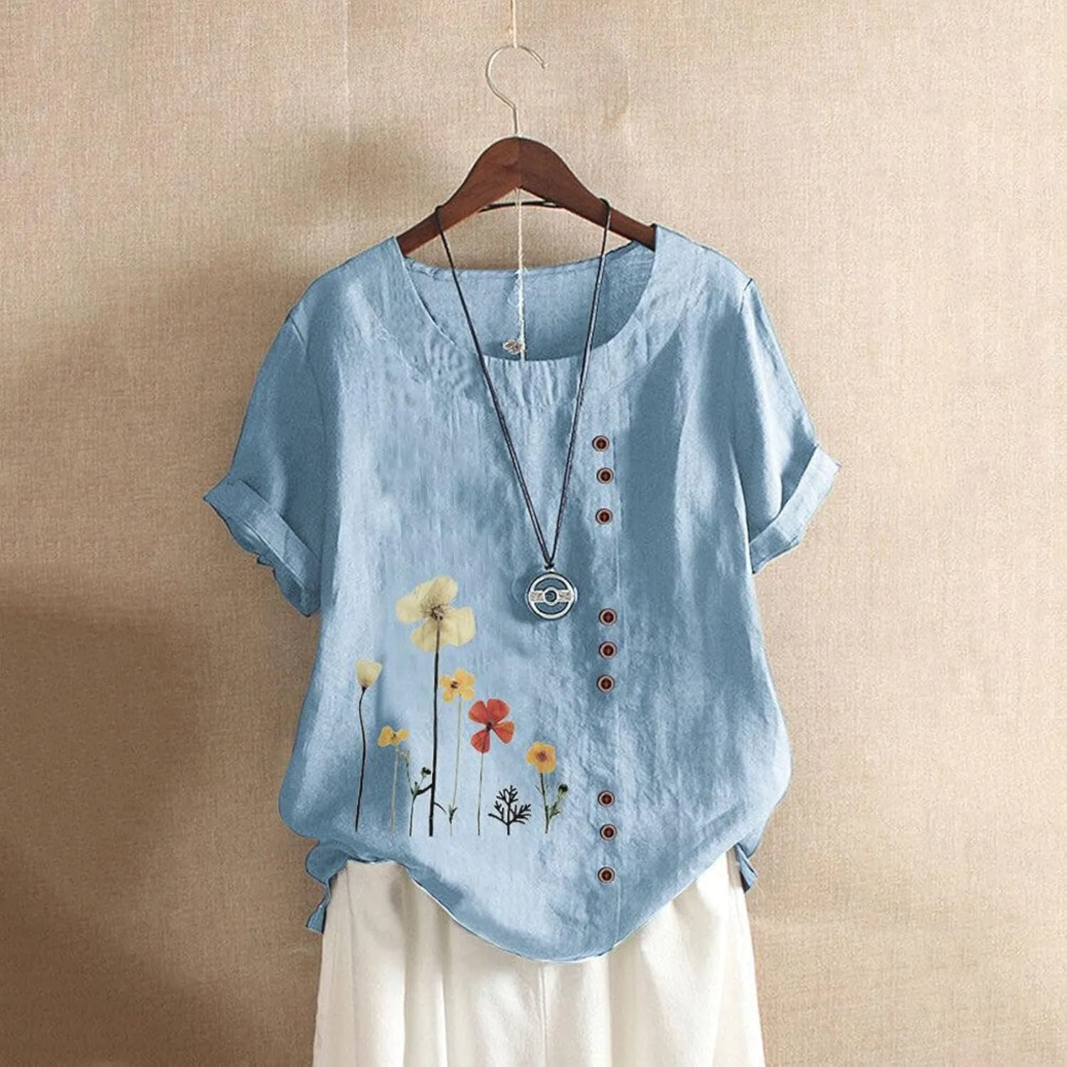 Cotton Linen Tops for Womens 2024 Crewneck Roll Up Short Sleeve Tshirt Trendy Floral Print Casual Loose Fitted Blouse