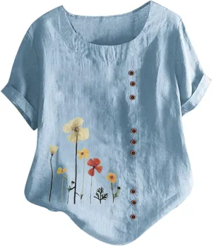 Cotton Linen Tops for Womens 2024 Crewneck Roll Up Short Sleeve Tshirt Trendy Floral Print Casual Loose Fitted Blouse