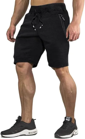 CRYSULLY Mens Athletic Gym Shorts Cotton Jogger Running Workout Jersey Zipper Pocket Sweat Shorts