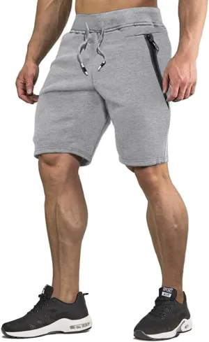 CRYSULLY Mens Athletic Gym Shorts Cotton Jogger Running Workout Jersey Zipper Pocket Sweat Shorts
