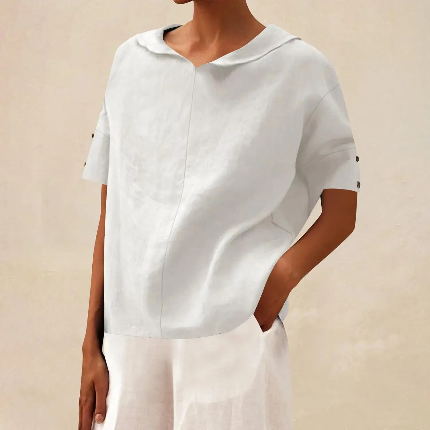 Cute Sailor Collar Cotton Linen T-Shirt Women Button Trim Short Sleeve Casual Tee Tops Summer Lightweight Loose Fit Work Tees
