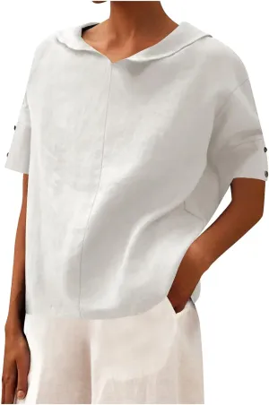 Cute Sailor Collar Cotton Linen T-Shirt Women Button Trim Short Sleeve Casual Tee Tops Summer Lightweight Loose Fit Work Tees