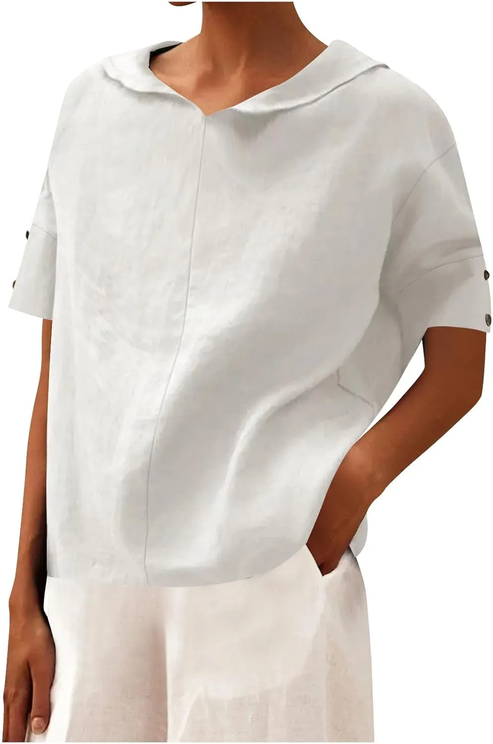 Cute Sailor Collar Cotton Linen T-Shirt Women Button Trim Short Sleeve Casual Tee Tops Summer Lightweight Loose Fit Work Tees