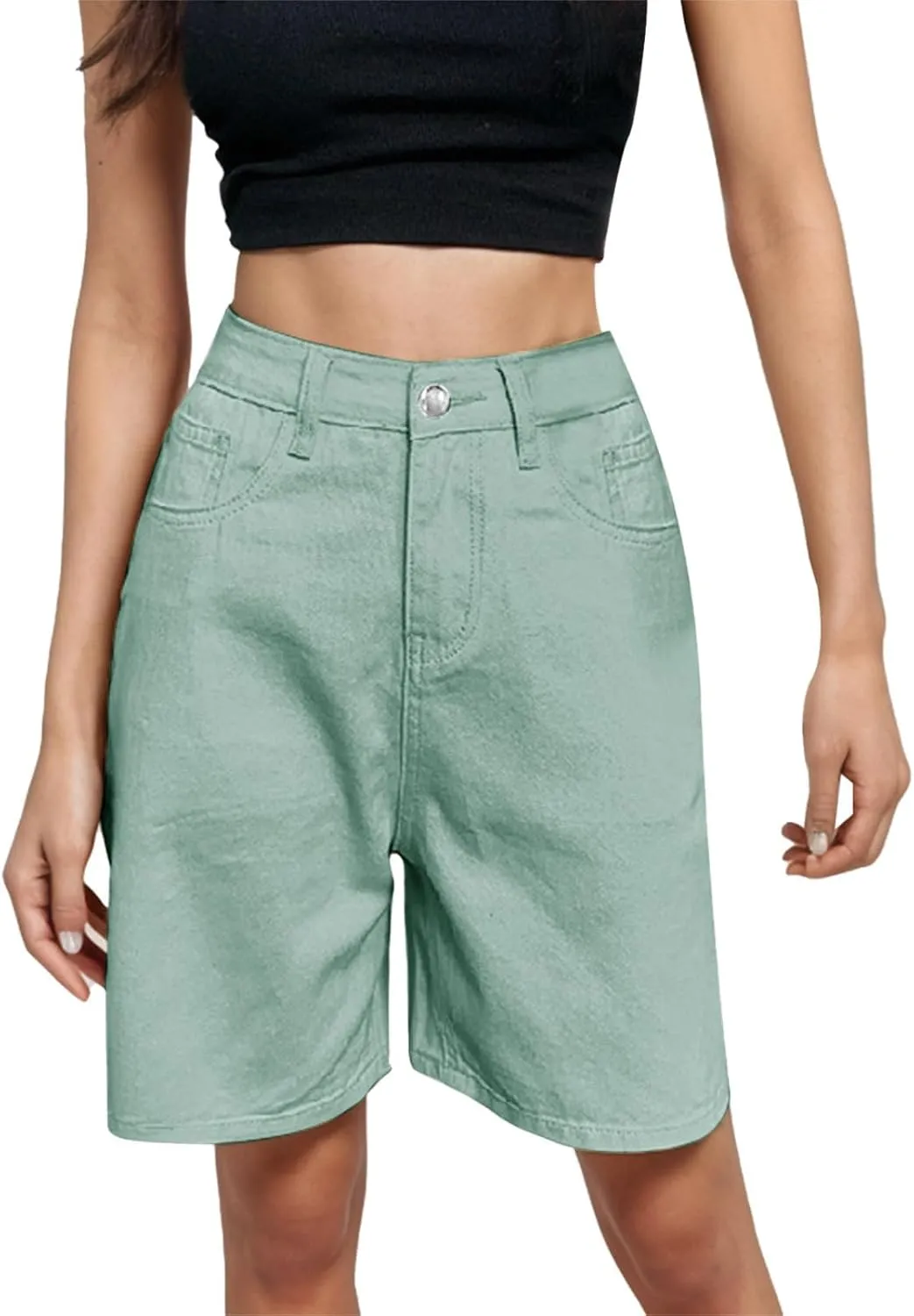 Denim Bermuda Shorts for Women Y2k High Rise Knee Length Jean Shorts Summer Loose Fit Straight Leg Zip Lounge Shorts