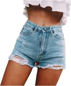 Denim Shorts for Teen Girls Cute High Waist Stretch Vintage Short Jeans Solid Raw Hem Slim Shorts