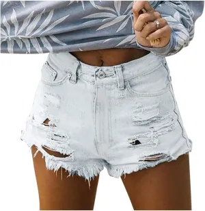 Denim Shorts for Women High Waisted Trendy Solid Stretch Vintage Jean Shorts with Pockets Frayed Hem Slim Shorts Womens Shorts for Summer