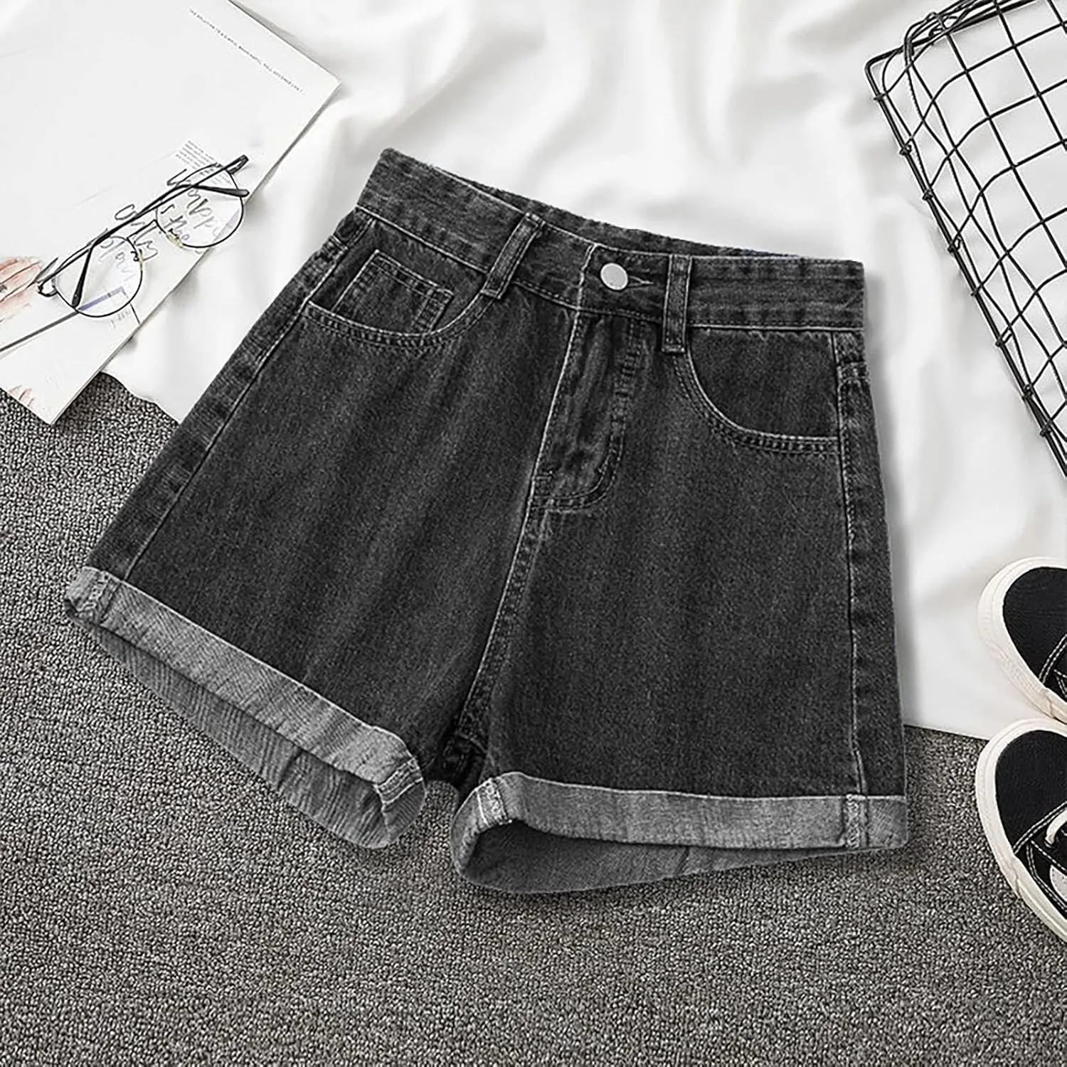 Denim Shorts Women High Waisted Stretchy Button Up A Line Baggy Jeans Shorts Plus Size Wide Leg Classic Hot Jorts for Women