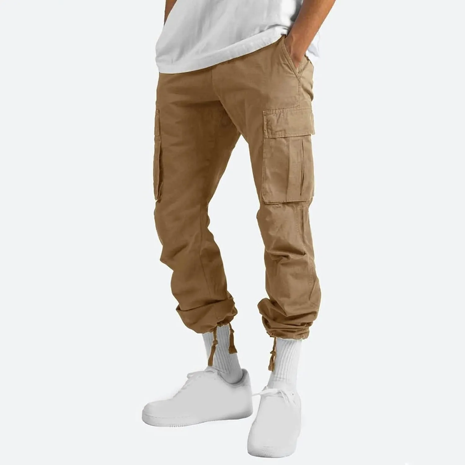 Dgoopd Cargo Pants for Men Baggy Straight Leg Joggers Drawstring Bottom Hiking Pants Workout Tactical Pants with Pockets