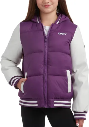 DKNY Girls' Quilted Puffer Jacket - Warm Hooded Insulated Winter Jacket for Girls - Kids' Outerwear Varsity Jacket (7-16)