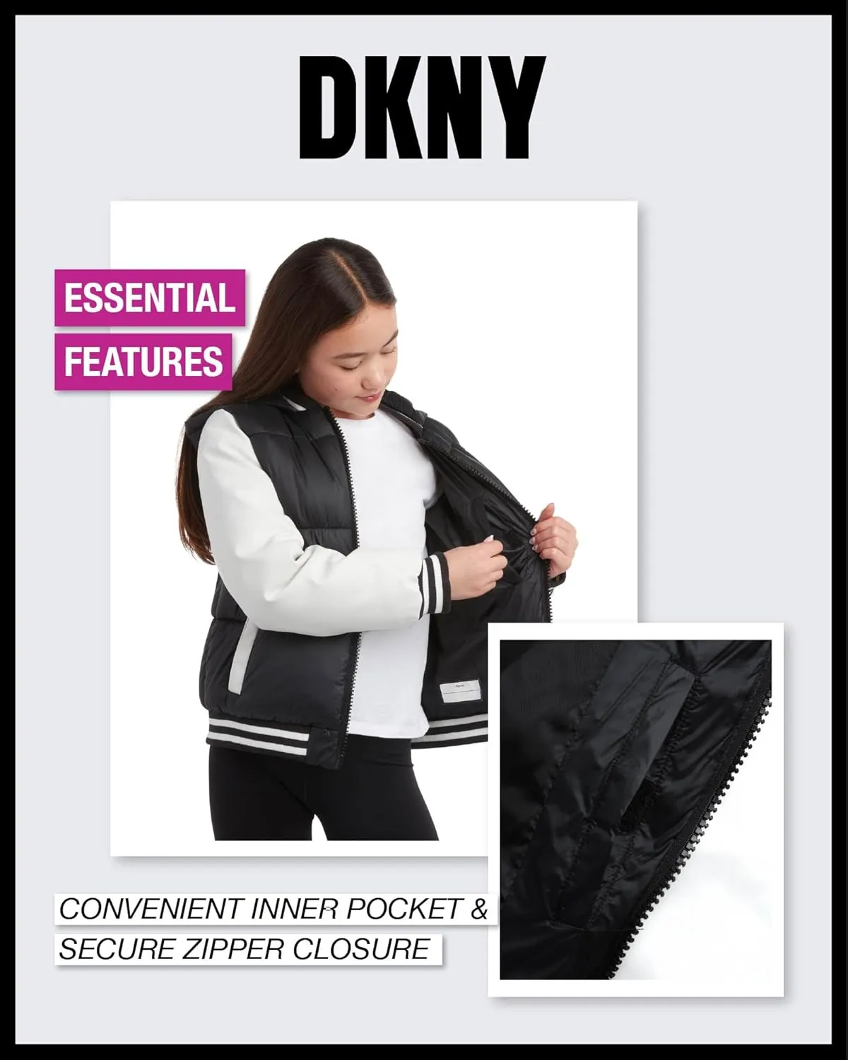 DKNY Girls' Quilted Puffer Jacket - Warm Hooded Insulated Winter Jacket for Girls - Kids' Outerwear Varsity Jacket (7-16)