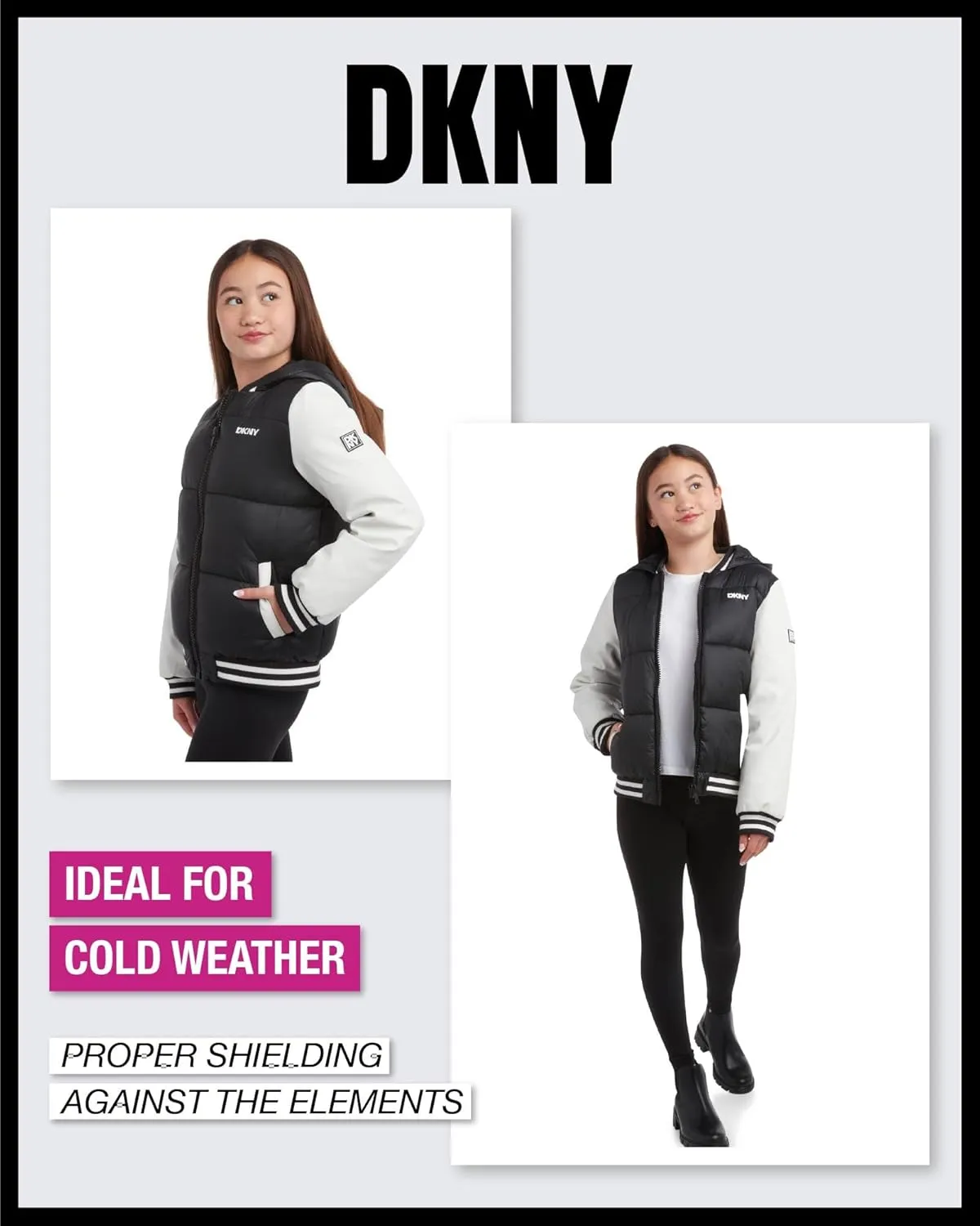 DKNY Girls' Quilted Puffer Jacket - Warm Hooded Insulated Winter Jacket for Girls - Kids' Outerwear Varsity Jacket (7-16)