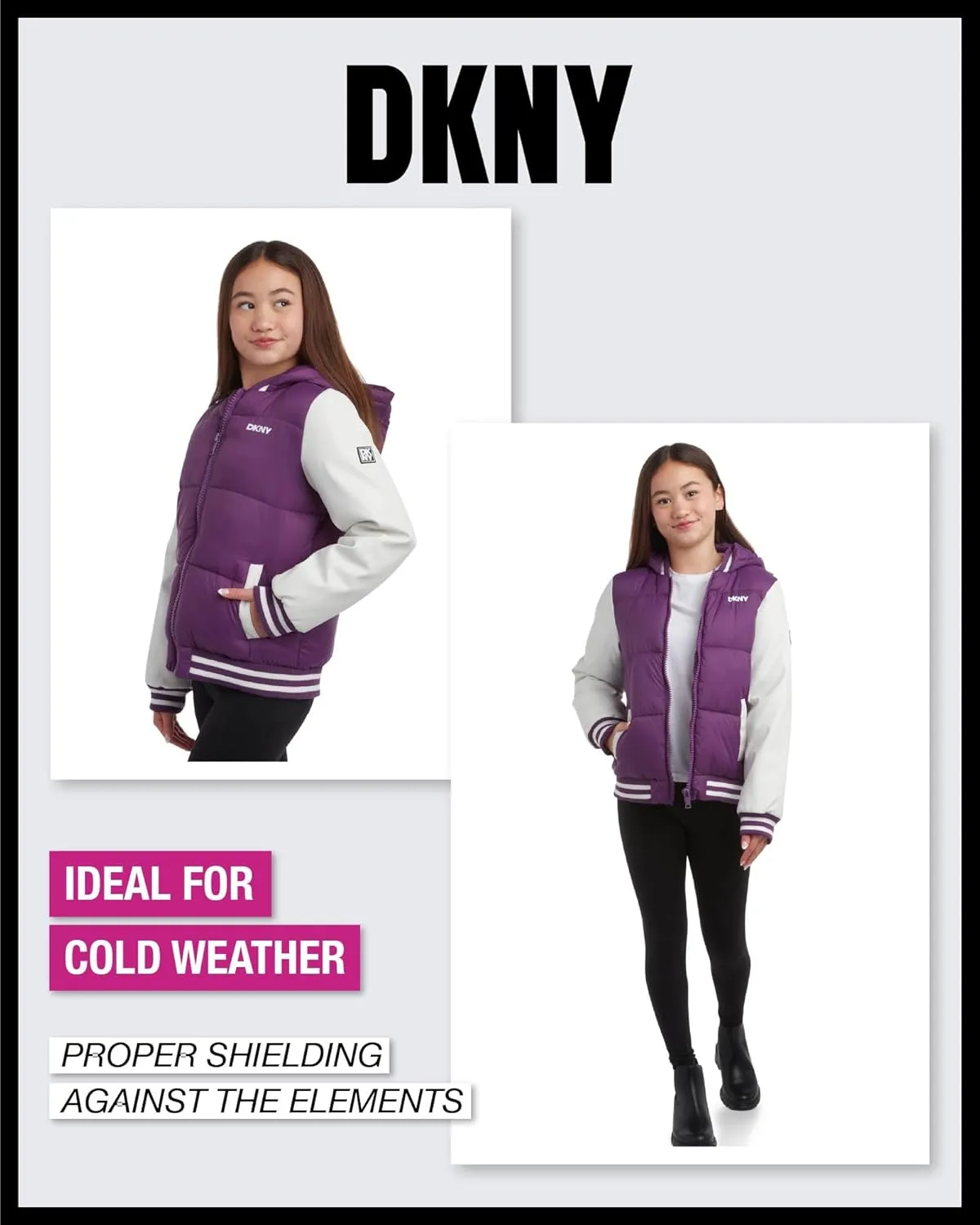 DKNY Girls' Quilted Puffer Jacket - Warm Hooded Insulated Winter Jacket for Girls - Kids' Outerwear Varsity Jacket (7-16)