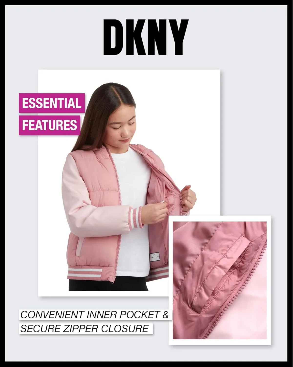 DKNY Girls' Quilted Puffer Jacket - Warm Hooded Insulated Winter Jacket for Girls - Kids' Outerwear Varsity Jacket (7-16)