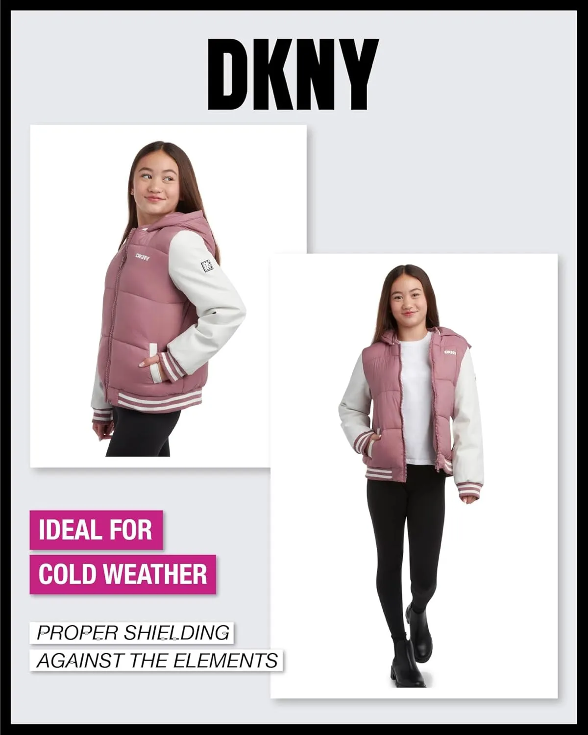 DKNY Girls' Quilted Puffer Jacket - Warm Hooded Insulated Winter Jacket for Girls - Kids' Outerwear Varsity Jacket (7-16)
