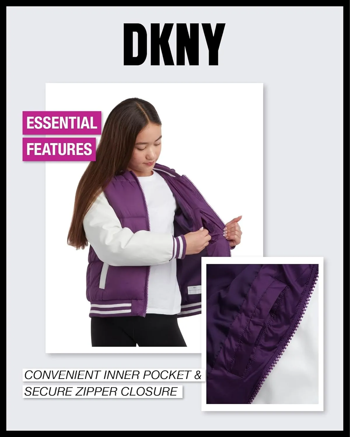 DKNY Girls' Quilted Puffer Jacket - Warm Hooded Insulated Winter Jacket for Girls - Kids' Outerwear Varsity Jacket (7-16)