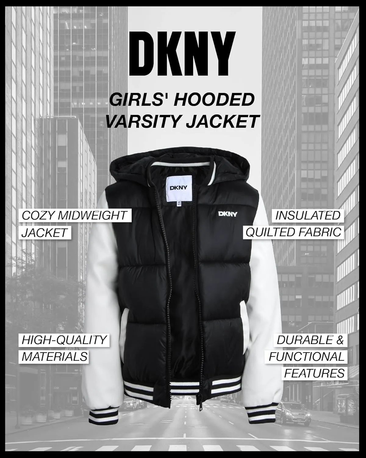 DKNY Girls' Quilted Puffer Jacket - Warm Hooded Insulated Winter Jacket for Girls - Kids' Outerwear Varsity Jacket (7-16)