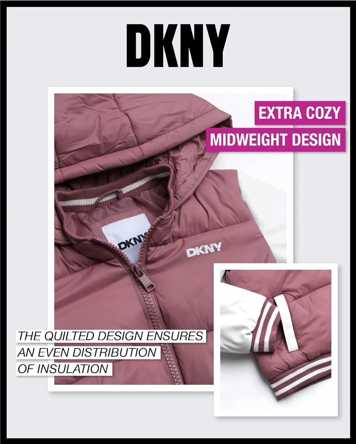 DKNY Girls' Quilted Puffer Jacket - Warm Hooded Insulated Winter Jacket for Girls - Kids' Outerwear Varsity Jacket (7-16)