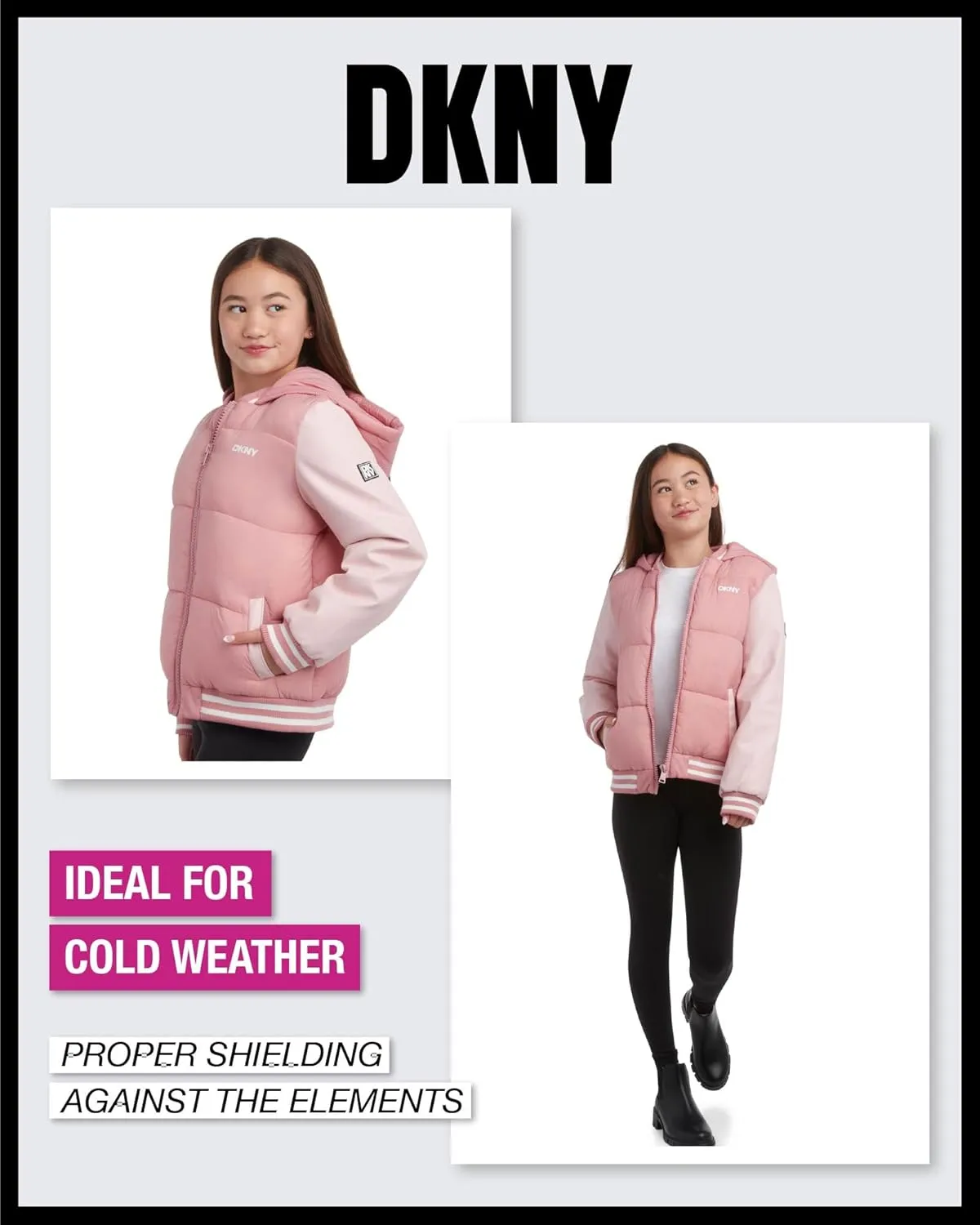 DKNY Girls' Quilted Puffer Jacket - Warm Hooded Insulated Winter Jacket for Girls - Kids' Outerwear Varsity Jacket (7-16)