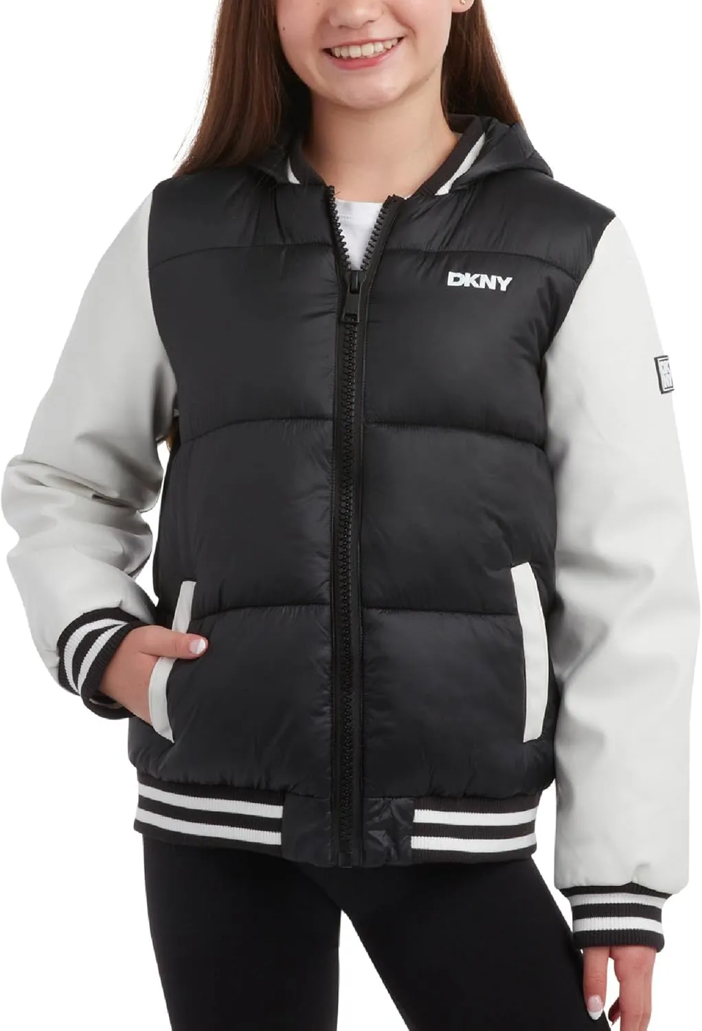 DKNY Girls' Quilted Puffer Jacket - Warm Hooded Insulated Winter Jacket for Girls - Kids' Outerwear Varsity Jacket (7-16)