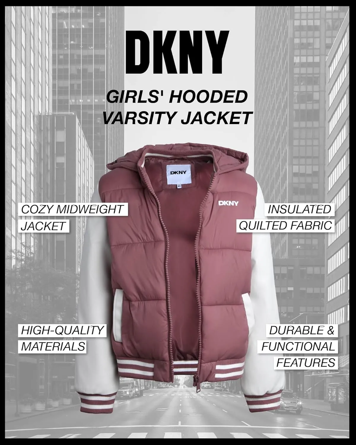 DKNY Girls' Quilted Puffer Jacket - Warm Hooded Insulated Winter Jacket for Girls - Kids' Outerwear Varsity Jacket (7-16)