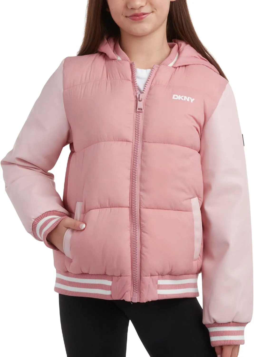 DKNY Girls' Quilted Puffer Jacket - Warm Hooded Insulated Winter Jacket for Girls - Kids' Outerwear Varsity Jacket (7-16)
