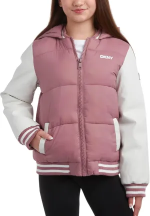 DKNY Girls' Quilted Puffer Jacket - Warm Hooded Insulated Winter Jacket for Girls - Kids' Outerwear Varsity Jacket (7-16)