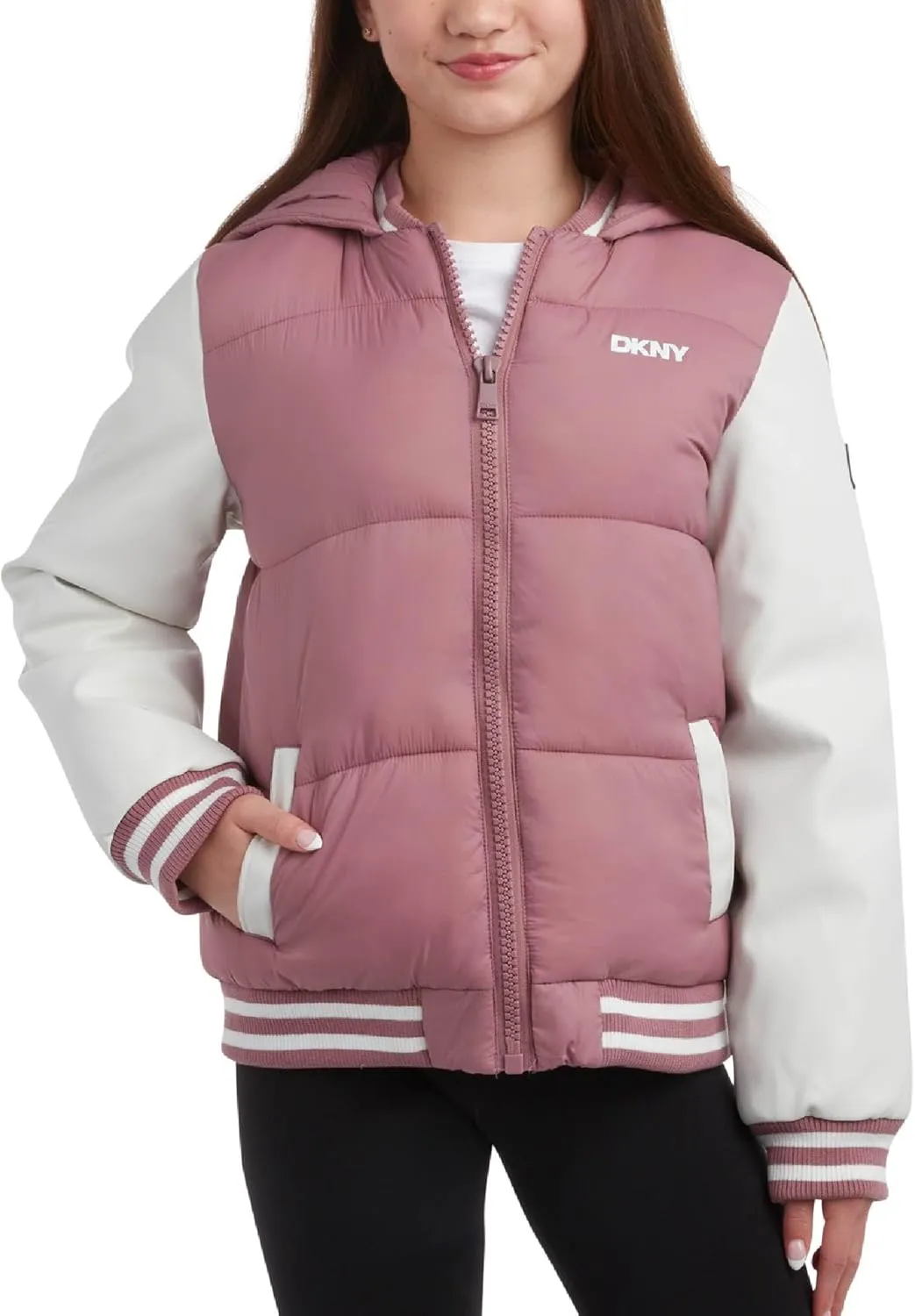 DKNY Girls' Quilted Puffer Jacket - Warm Hooded Insulated Winter Jacket for Girls - Kids' Outerwear Varsity Jacket (7-16)