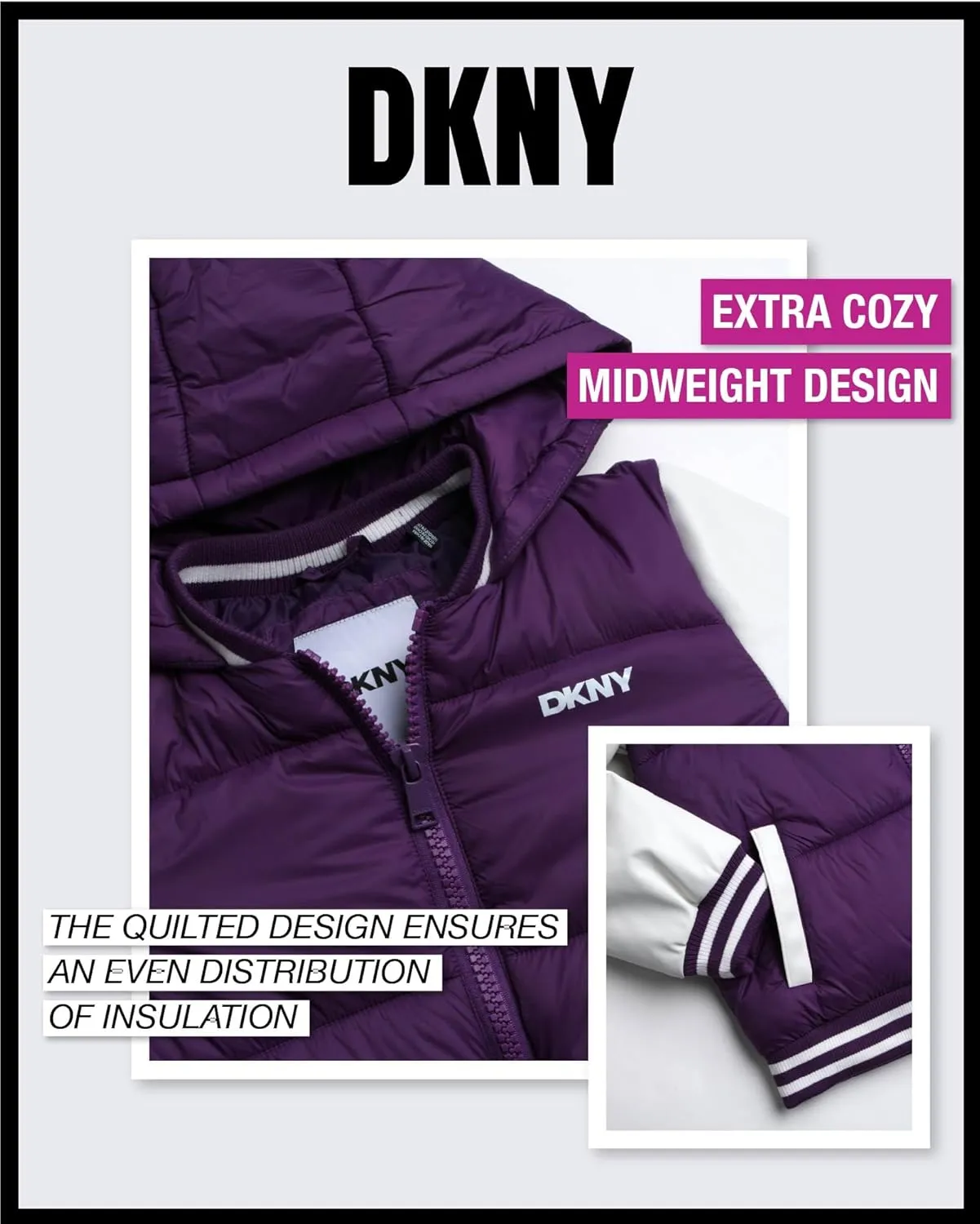 DKNY Girls' Quilted Puffer Jacket - Warm Hooded Insulated Winter Jacket for Girls - Kids' Outerwear Varsity Jacket (7-16)