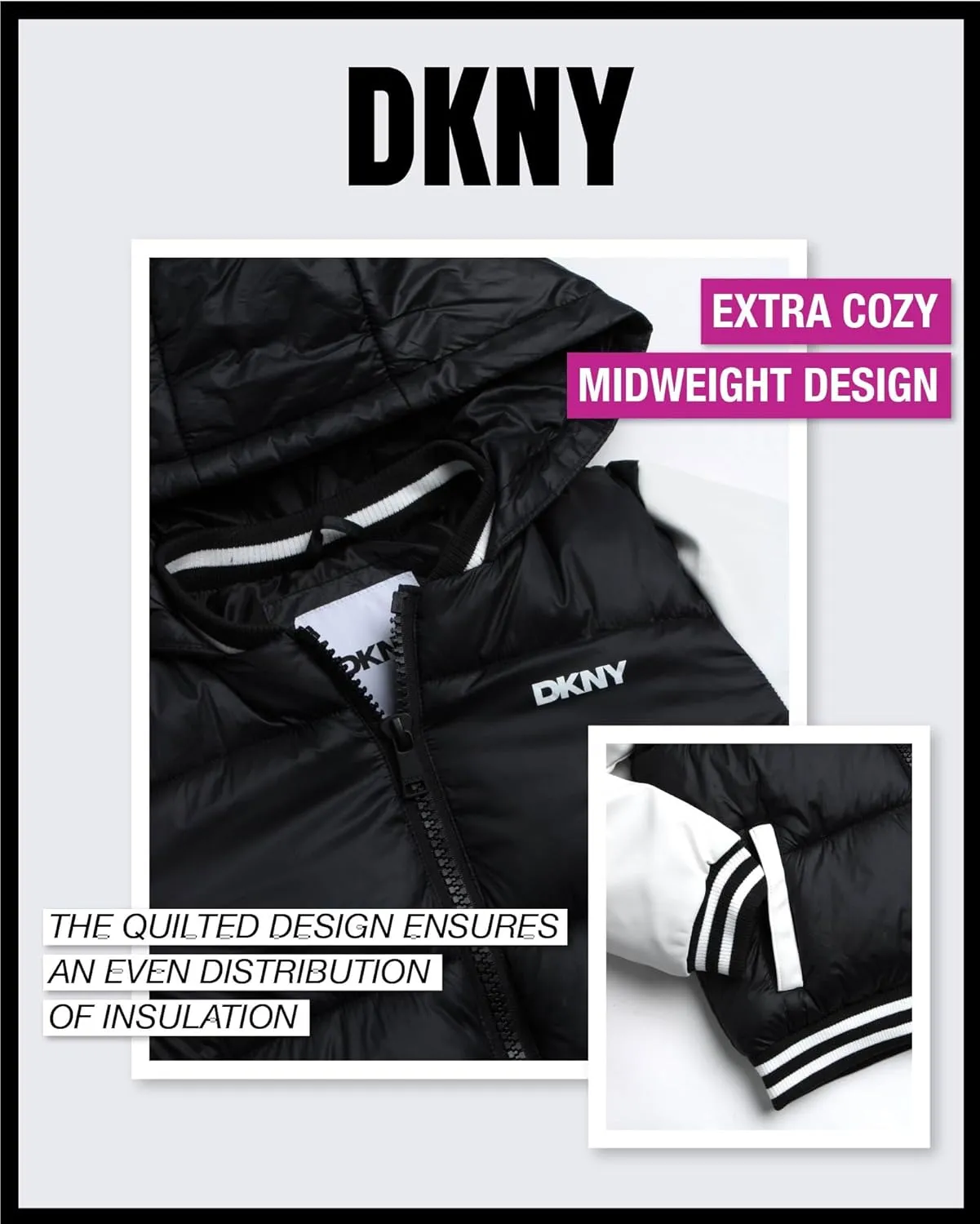 DKNY Girls' Quilted Puffer Jacket - Warm Hooded Insulated Winter Jacket for Girls - Kids' Outerwear Varsity Jacket (7-16)