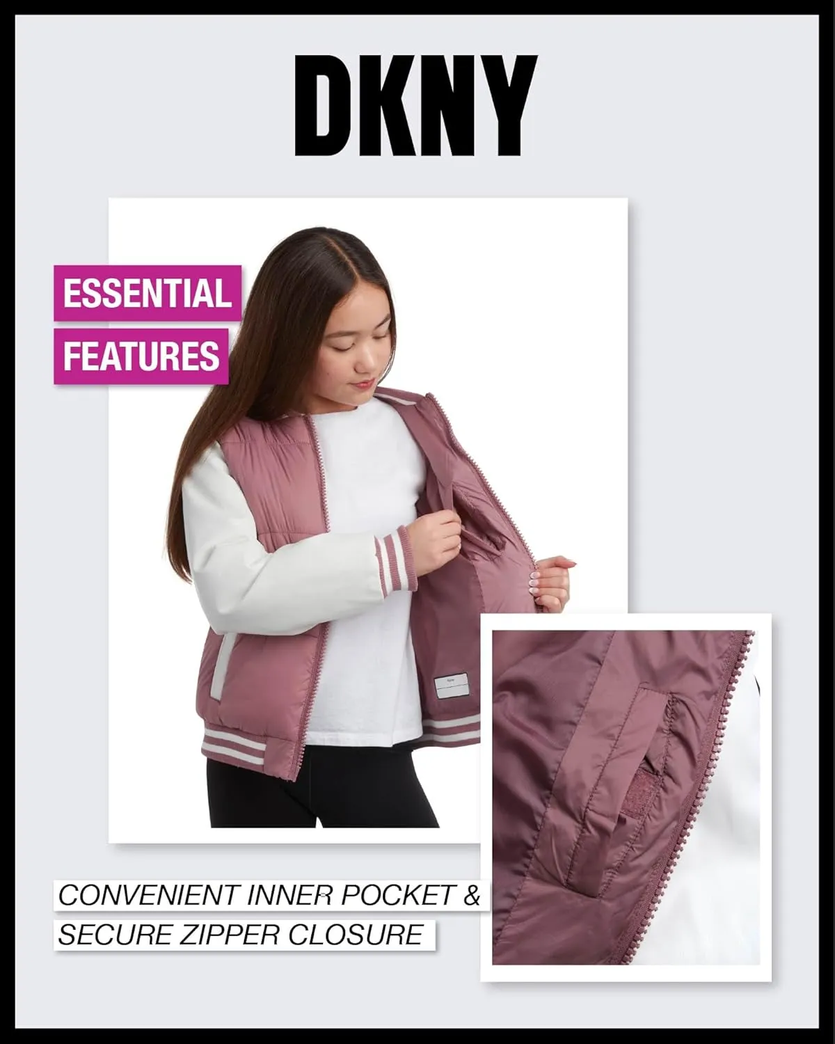 DKNY Girls' Quilted Puffer Jacket - Warm Hooded Insulated Winter Jacket for Girls - Kids' Outerwear Varsity Jacket (7-16)